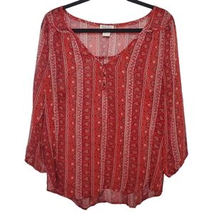 Lucky Brand | Sheer Long Sleeve Top | Red Paisley Print Loose Fit Flowy | L